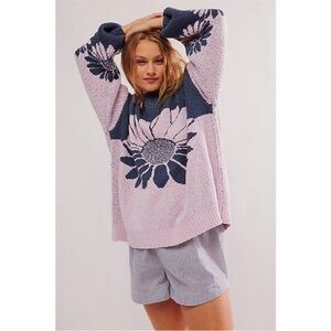 Free People In Bloom Sweater Purple Blue Floral Pullover NWOT
